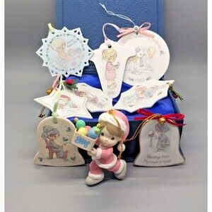 Precious Moments 9 Christmas Ornament Lot, Bell, Holly, Oct Birthstone, 80s, 90s